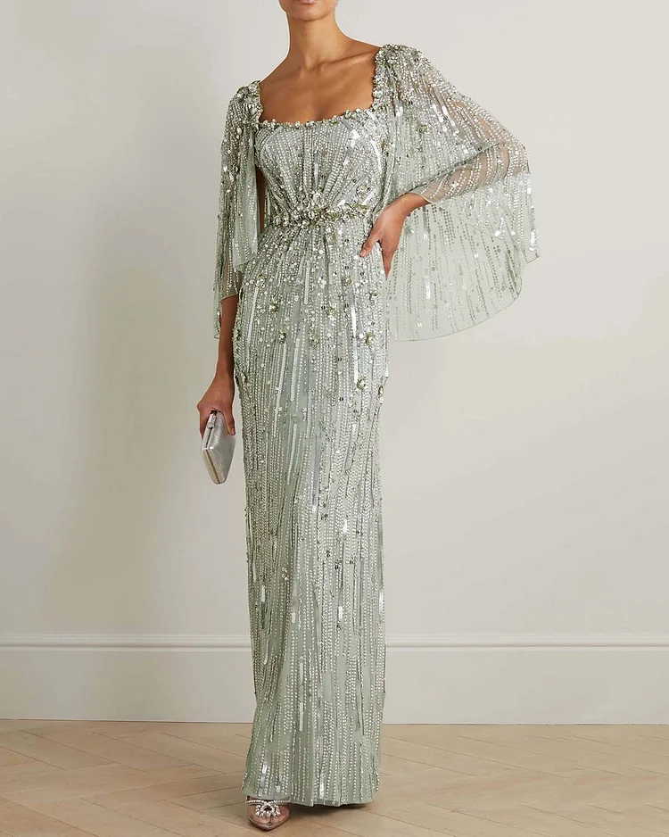 cape-effect embellished dress gown