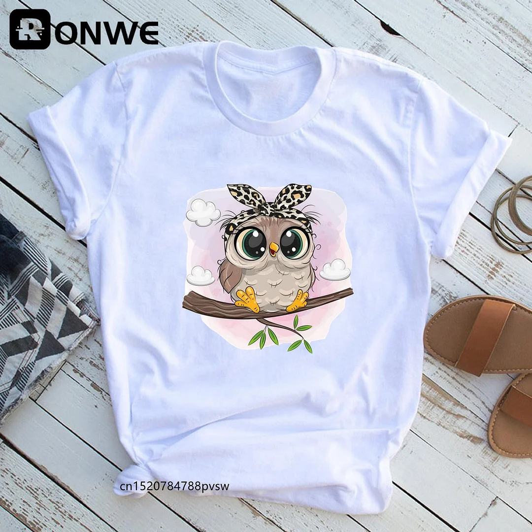 Fashion Trend Cute Owl Graphic Printed Female T shirt Casual Harajuku Crew Neck Ladies Tshirt,Drop Ship