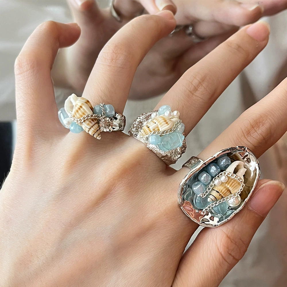Vintage Beach Holiday Shell & Aquamarine Blue Stone Handmade Ring | Silver-Plated Wide Band. On-hand fit — shows statement scale and stacking vibe.