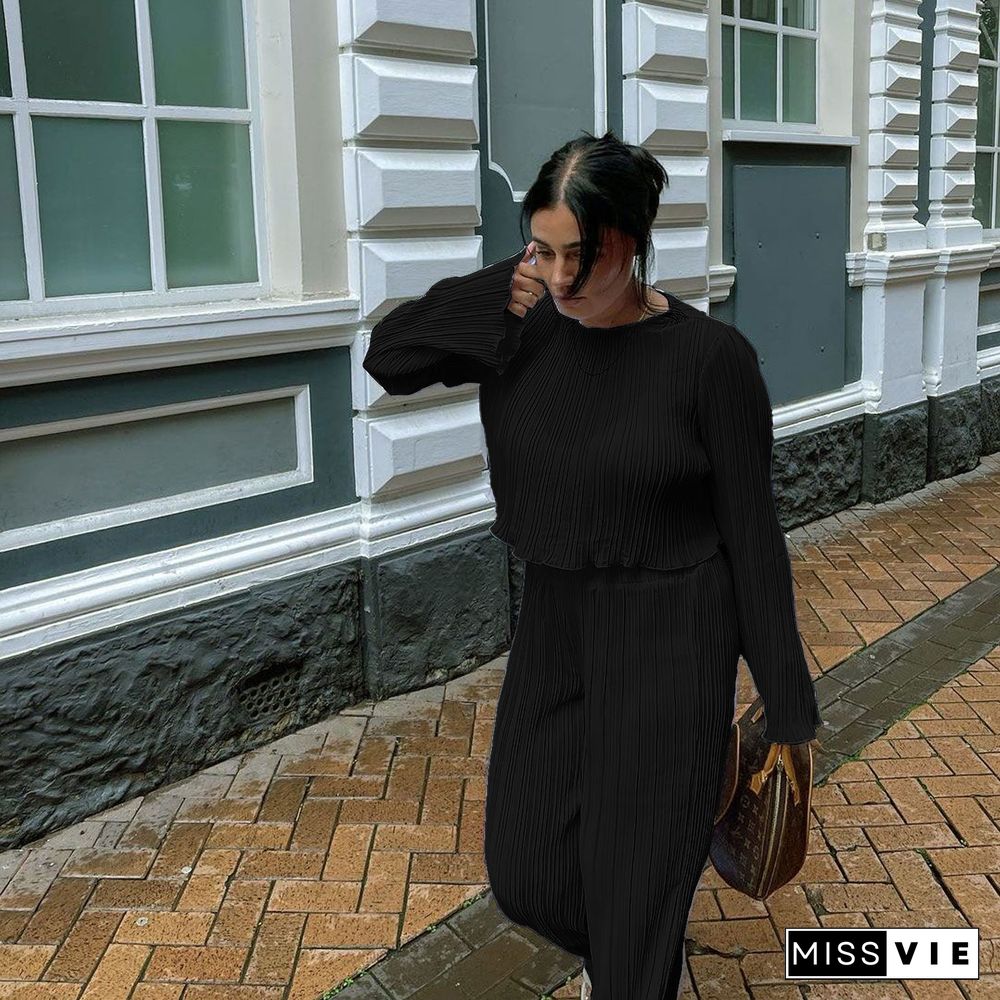 Pleated Loose Blouse Crop Top Wide Leg Pants Outfits