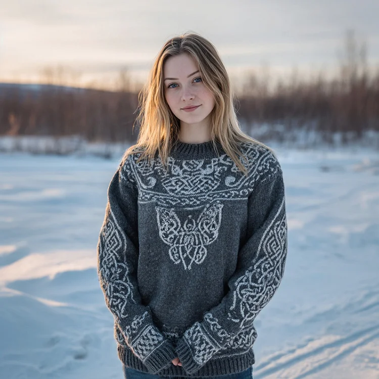 Women's Retro Celtic Butterfly Pattern Comfortable Crew Neck Sweater