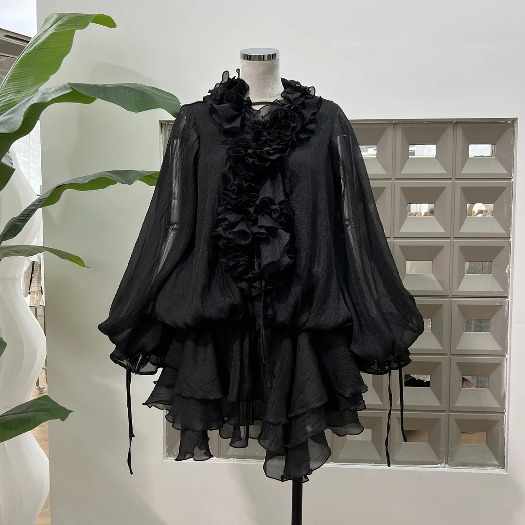 Brownm Chicly Slightly Through The Flowers With Irregular Lotus Leaf Skirt Lantern Long-Sleeved Dress Fluttering Holiday Wind