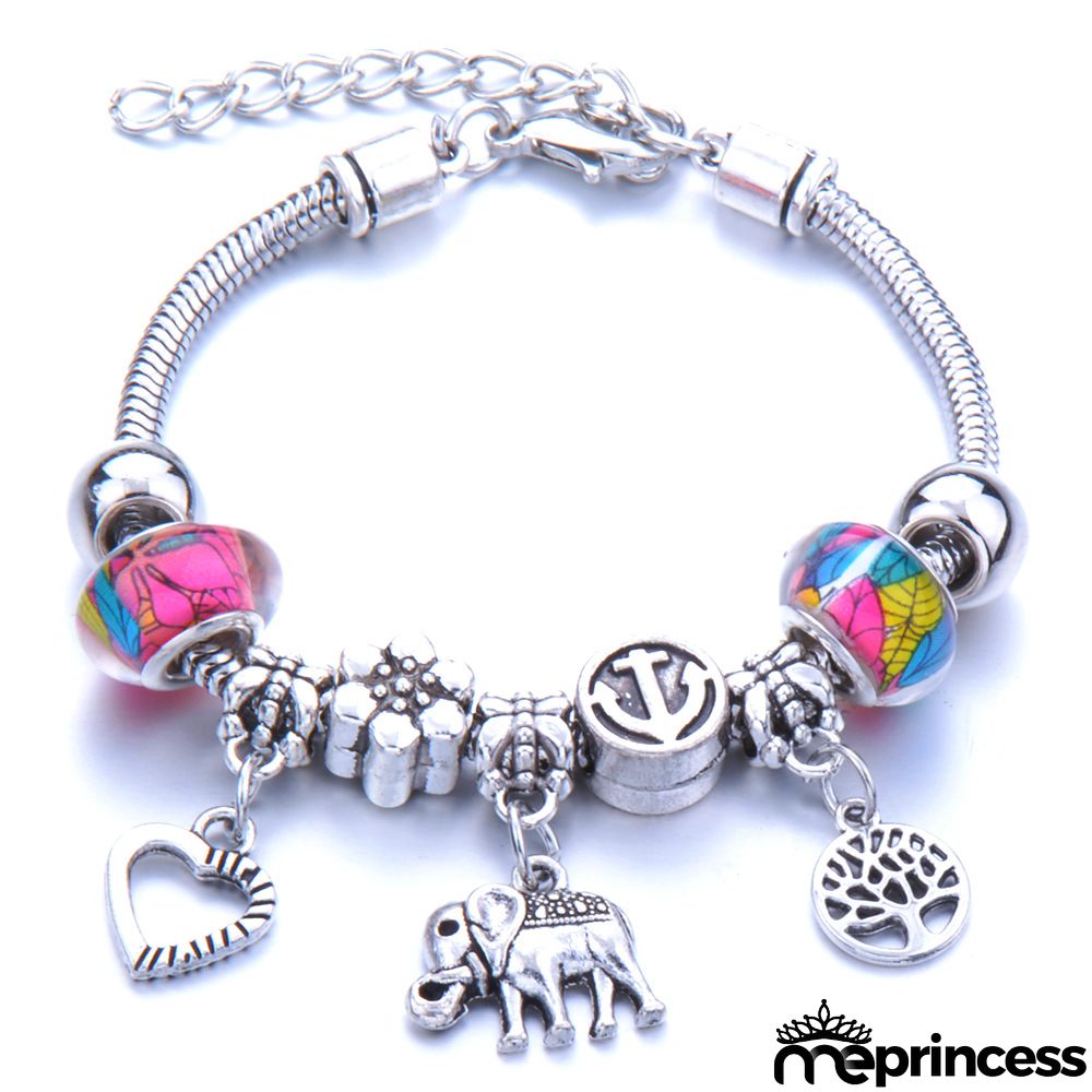 Women Fashion Rhinestone Butterfly Crown Pendant Beaded Bracelet