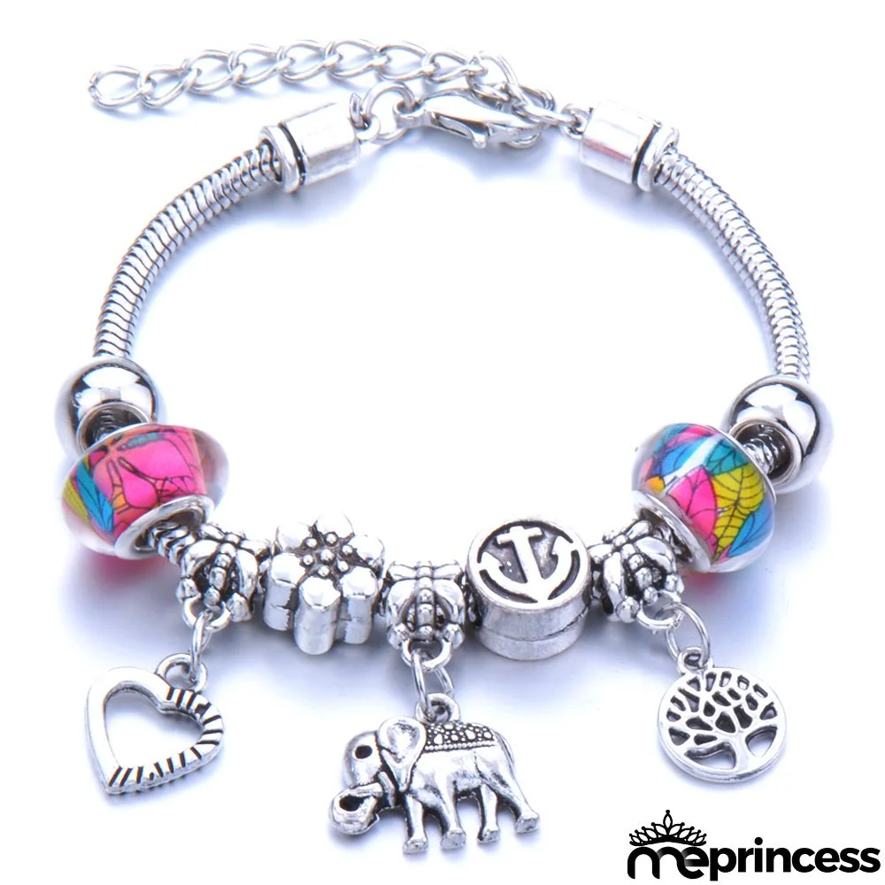 Women Fashion Rhinestone Butterfly Crown Pendant Beaded Bracelet