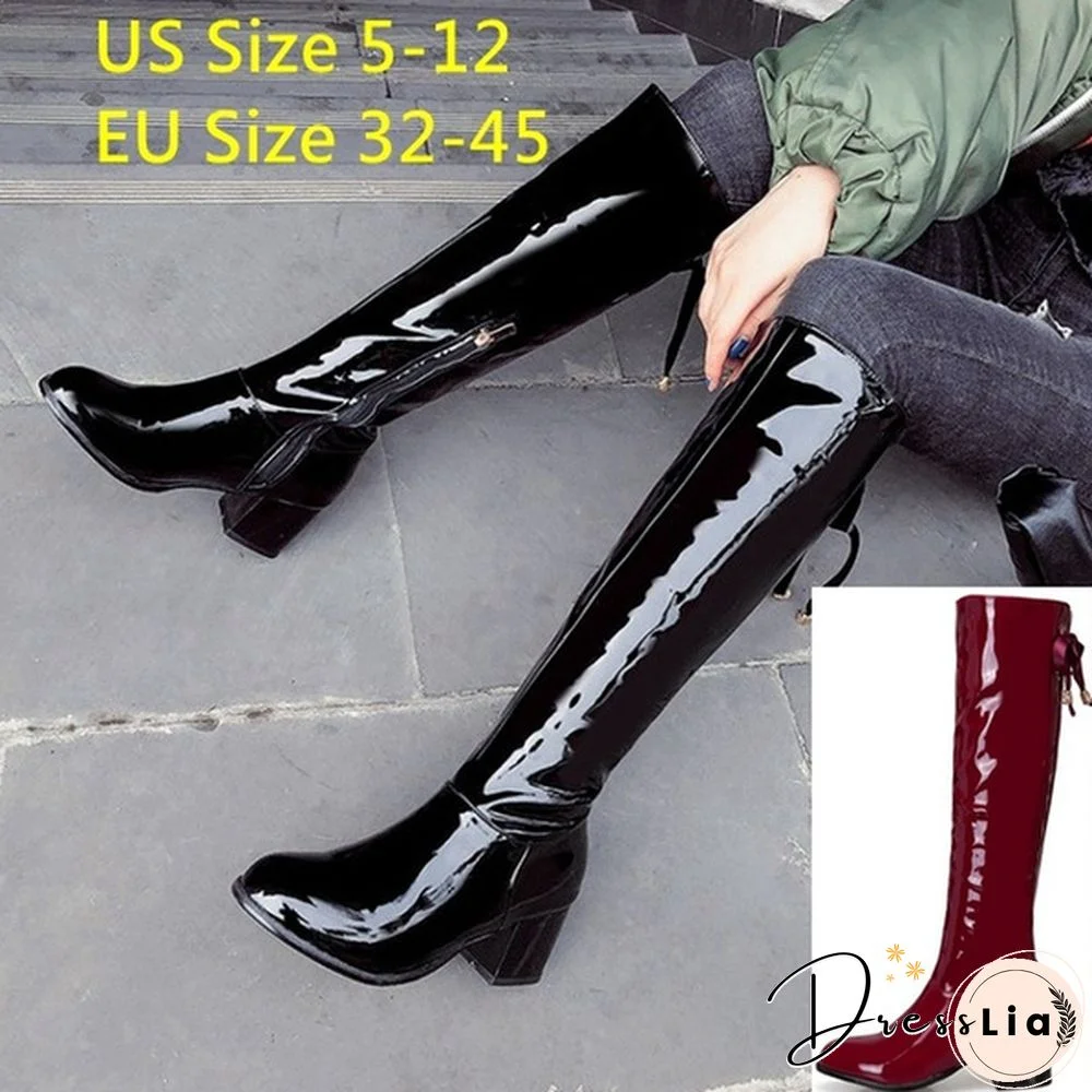 Women Knee High Boots Patent Leather Shoes Chunky Mid Heel Winter Boots Spring Autumn Fashion Plus Size