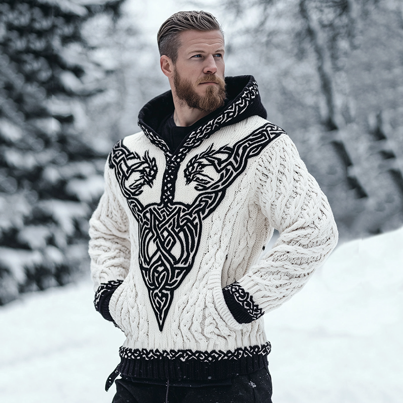 Men's Viking Celtic Contrast Cozy Chunky Hooded Sweater