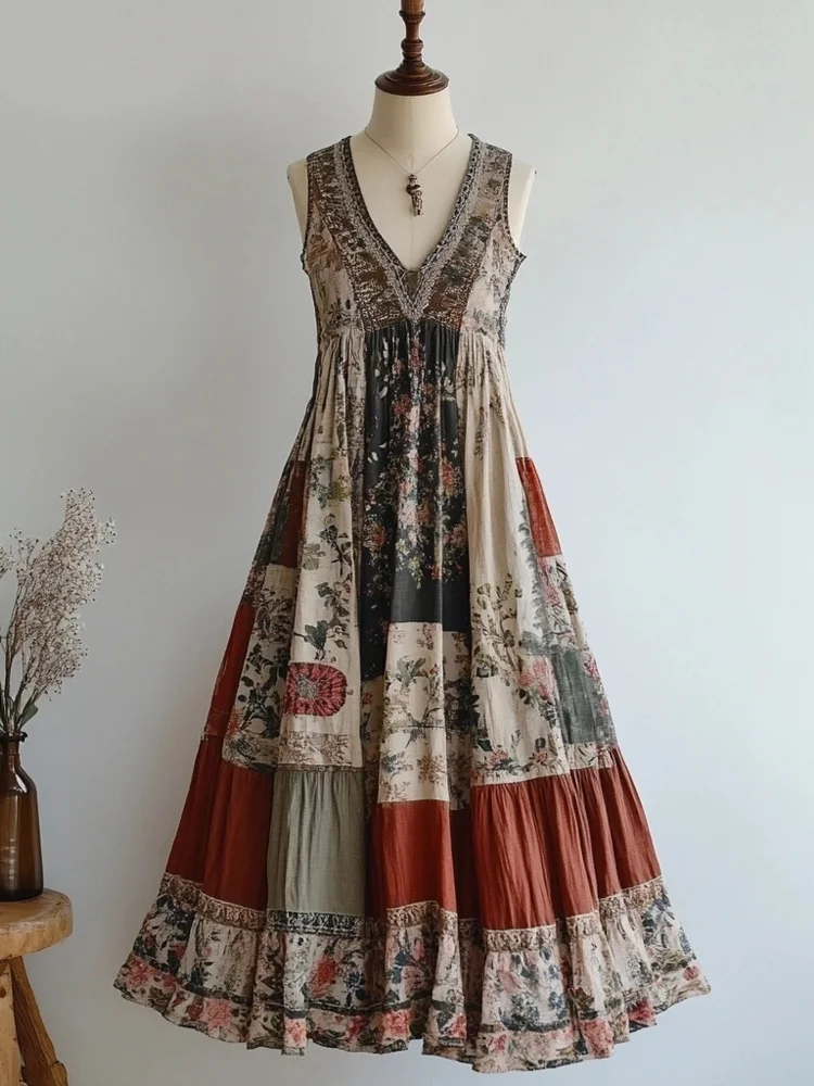Retro Floral Patchwork V Neck Sleeveless Cozy Linen Dress