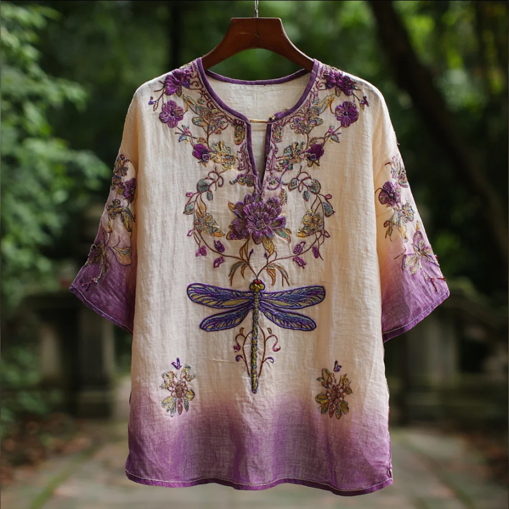 Dragonfly Pattern Embroidered Flower V-neck Short-sleeved Shirt