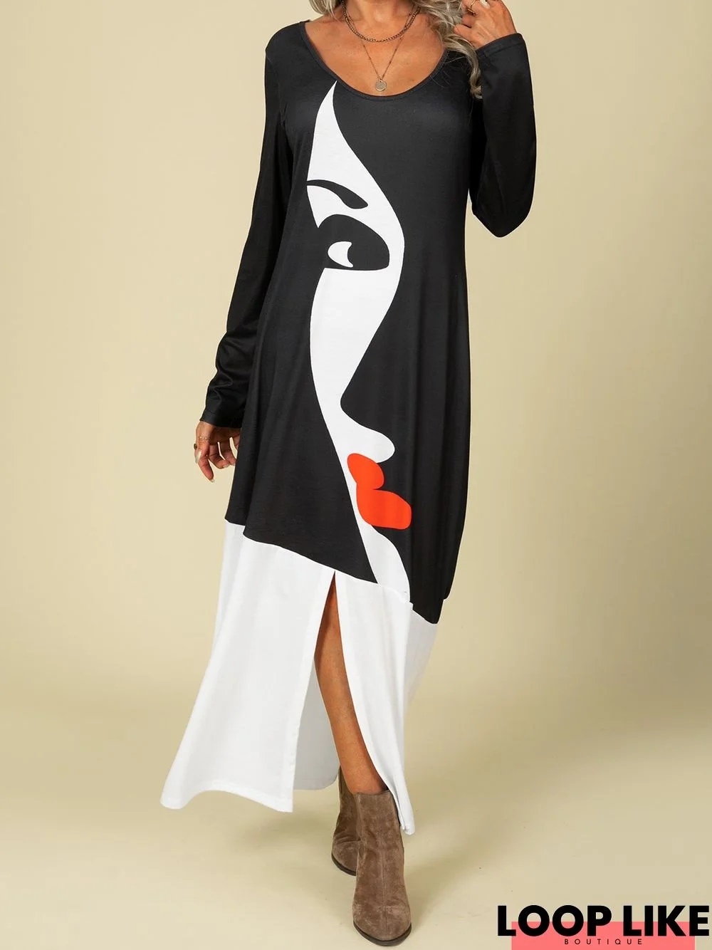 Scoop Neckline Casual Slit Knitting Dress