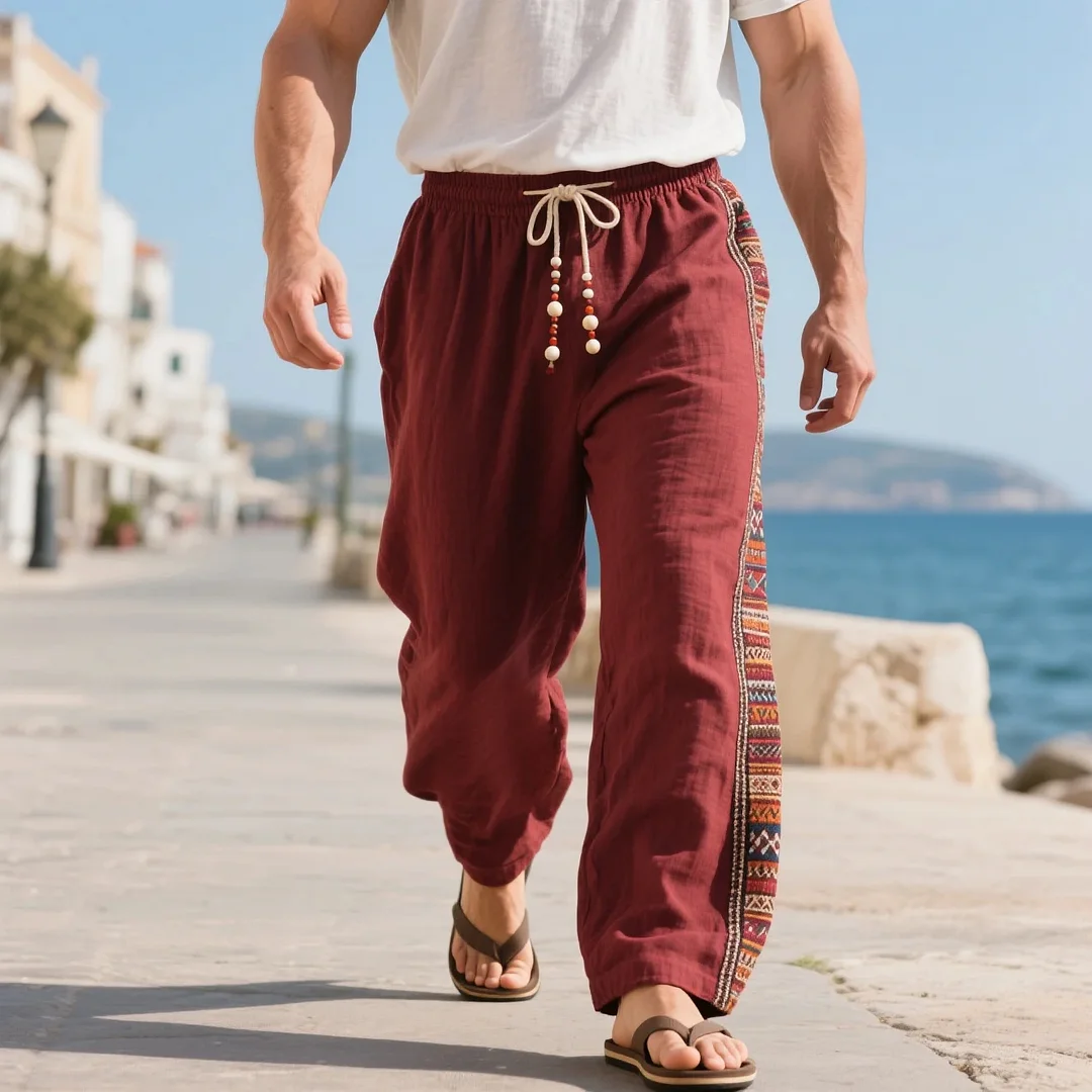  Stylish Purple Drawstring Pants with Ethnic Side Stripes for Summer Travel-inspireuse