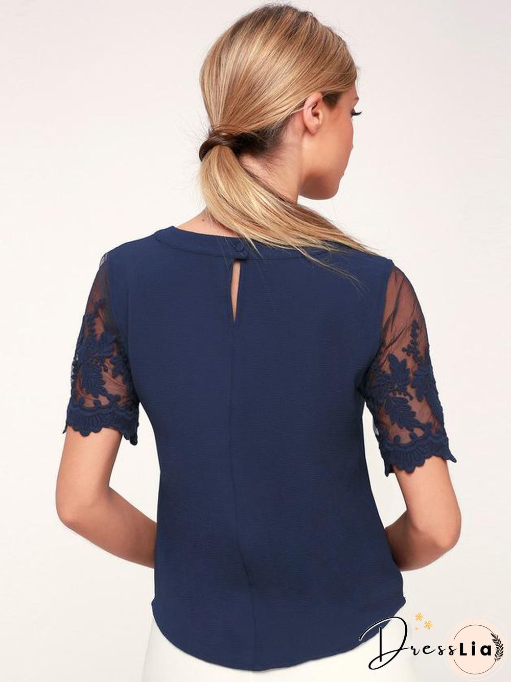Pink Short Sleeve Floral Embroidered Office Lace Top