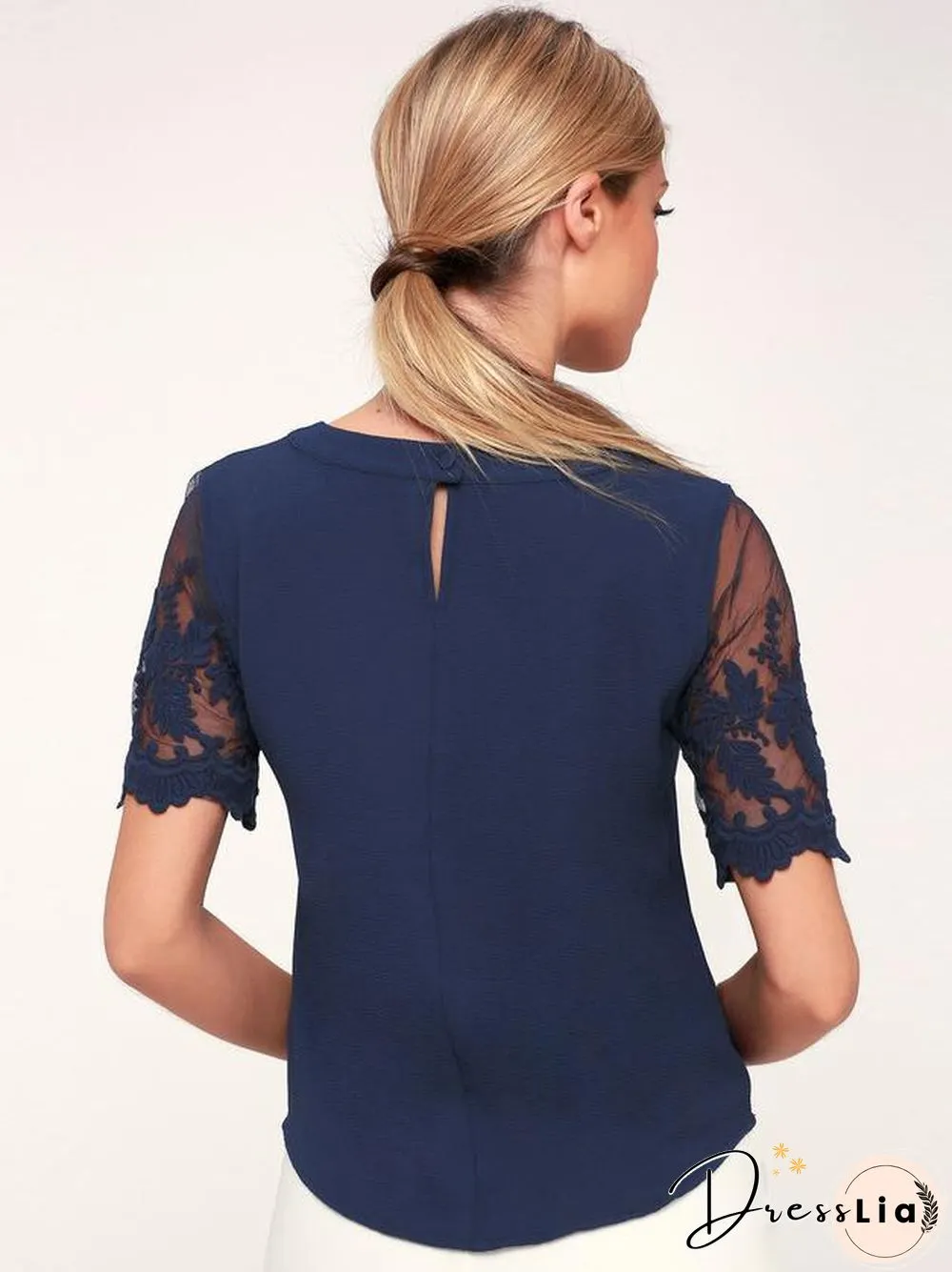 Pink Short Sleeve Floral Embroidered Office Lace Top