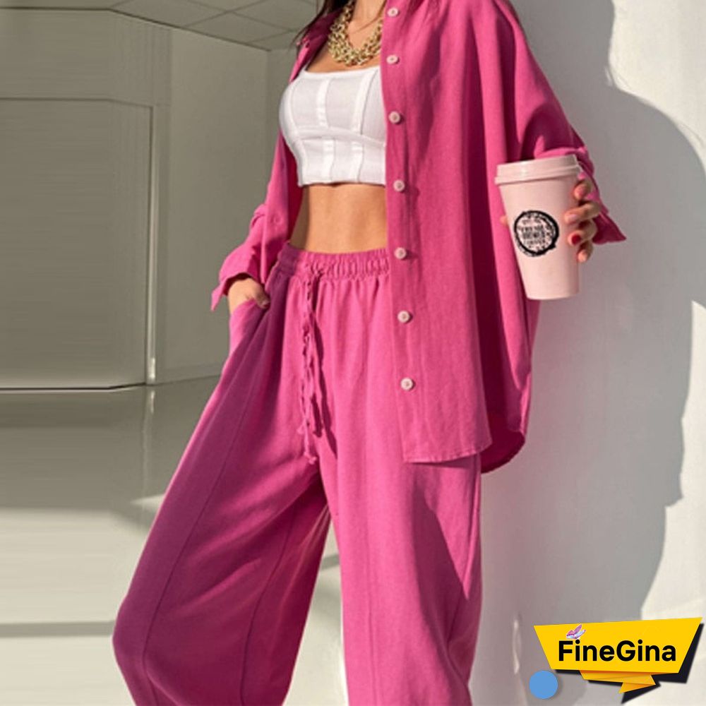 Fashion Street Solid Color Women Tracksuits Outfits Casual Suits Autumn Lapel Long Sleeve Shirt Tops + Harem Pants Two Piece Set