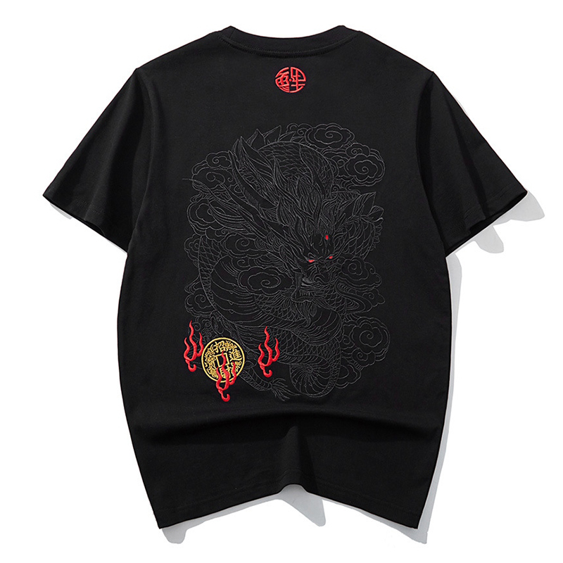 Embroidery Dragon Art Crew Neck Cotton T-shirt