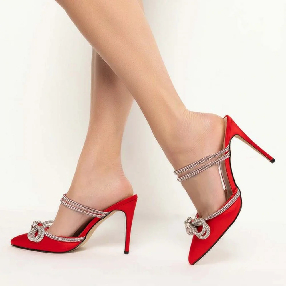 Pointed Toe Stiletto Heels red suede pumps with Rhinestone Bow Decors Nicepairs