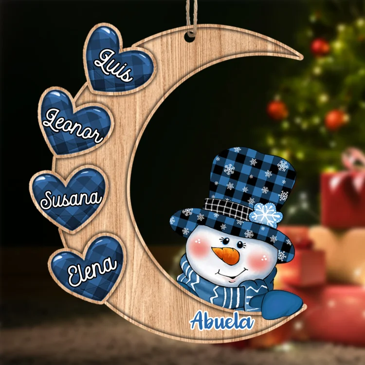 Navidad-Abuelo/Abuela-Ornamentos navideños de madera Muñeco de nieve en la luna 1-12 nombres personalizados