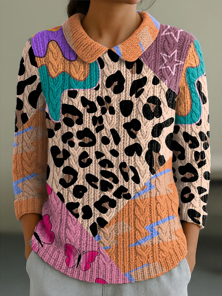 Women's Colorful Irregular Leopard Print Casual Peter Pan Collar 3/4 Sleeve Sweater