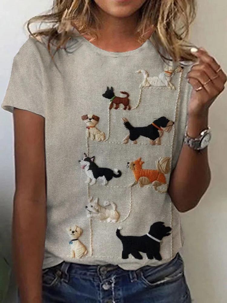 Women's Dog Art Print Crew Neck Short Sleeve T-Shirt