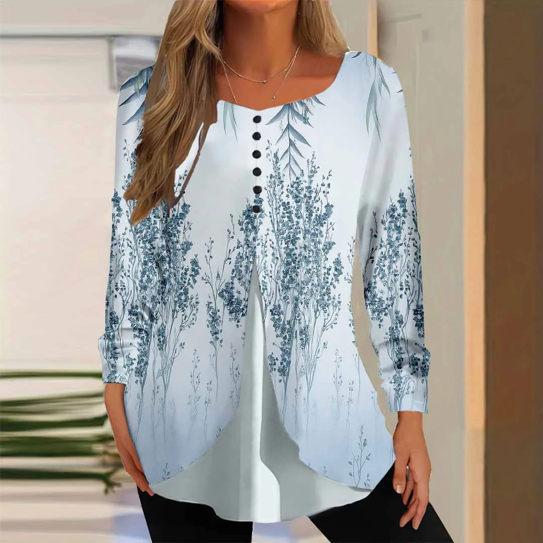 Women Floral,Blue DZGG8040 Long Sleeve Scoop Neck Printed Graphic Button Fake 2in1 Tops
