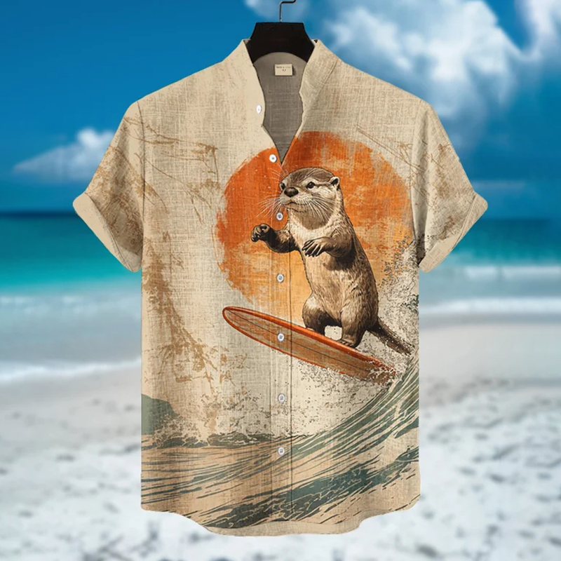Men's Otter Surfing Japanese Art Print Short Sleeve Shirt  artssus
