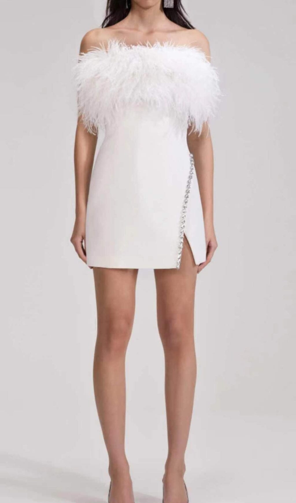Bandage Feather Crystal Mini Dress In White Flowering Girl