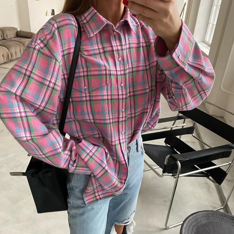 Pink Plaid Vintage Blouses 240130-18