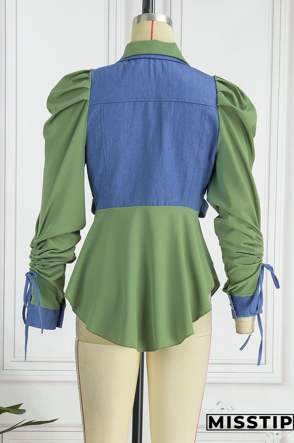 Green Casual Solid Patchwork Buckle Asymmetrical Turndown Collar Long Sleeve Straight