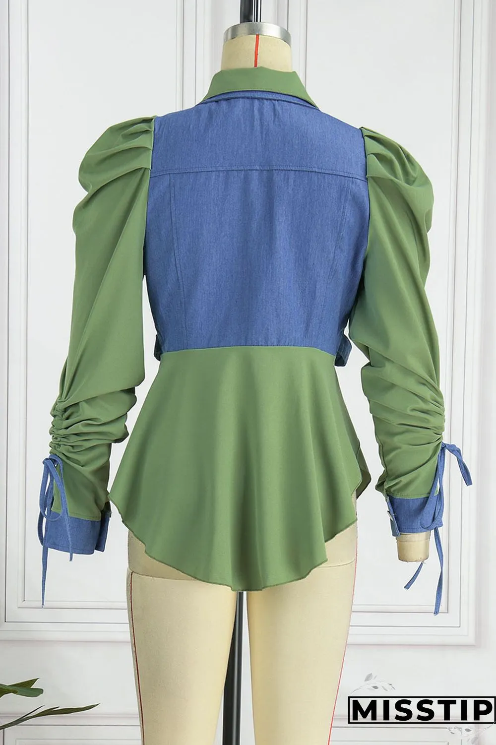 Green Casual Solid Patchwork Buckle Asymmetrical Turndown Collar Long Sleeve Straight