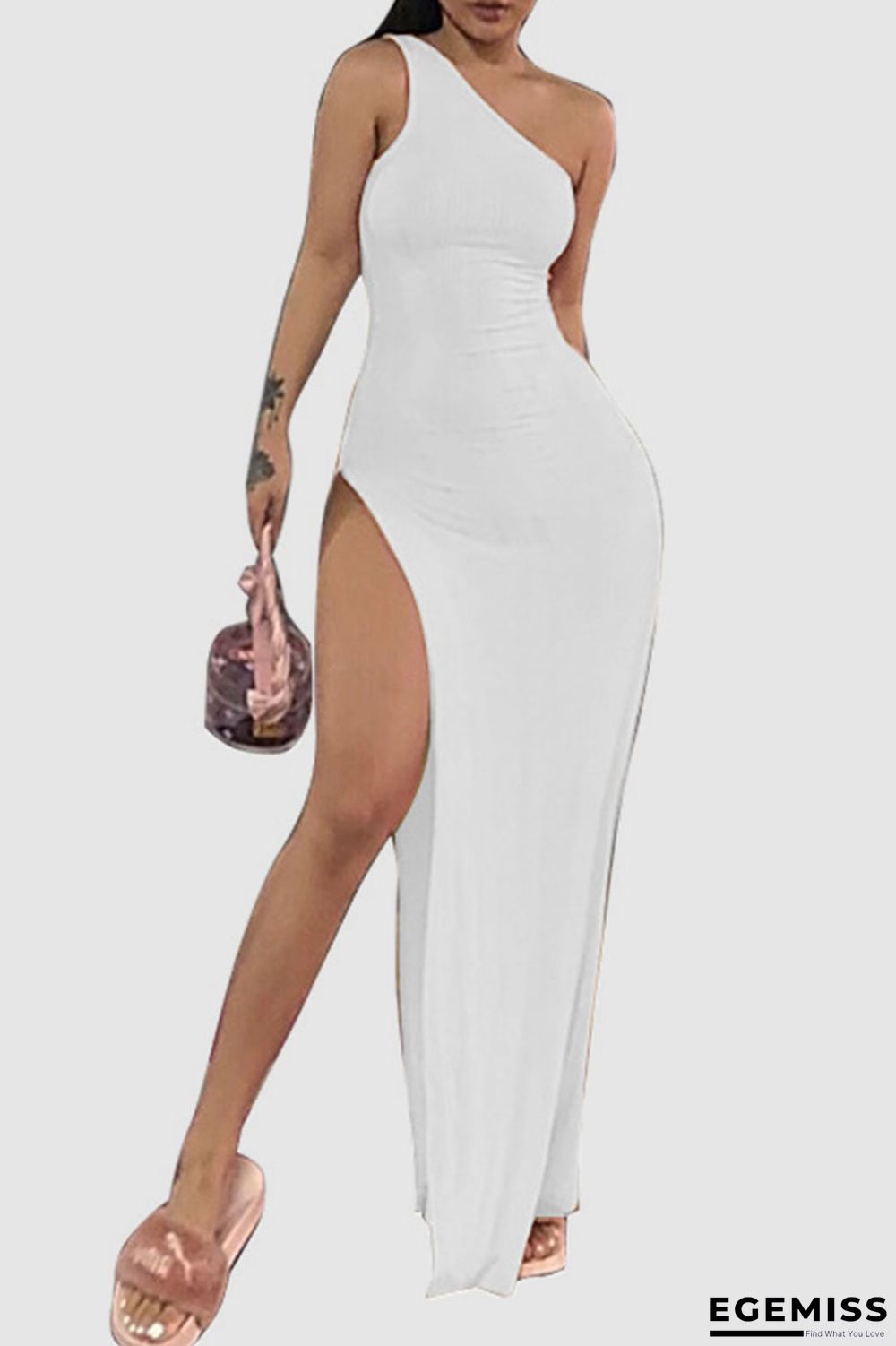 White Sexy Solid Patchwork High Opening Oblique Collar Dresses | EGEMISS