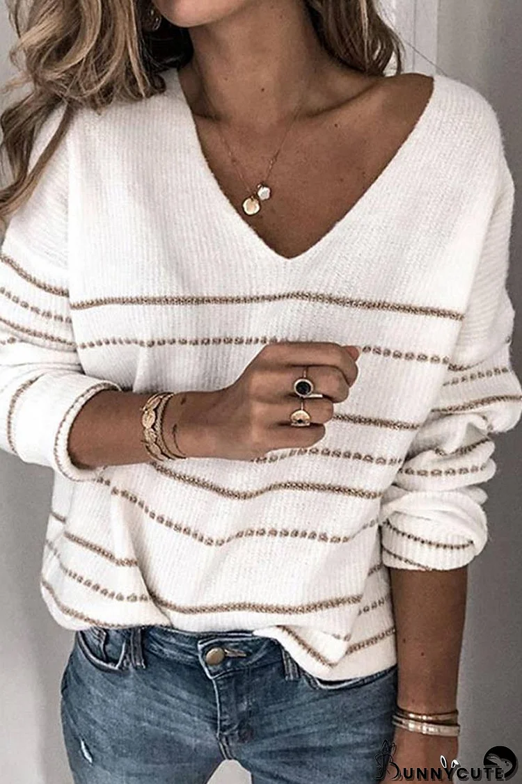 Casual V Neck Striped Sweater