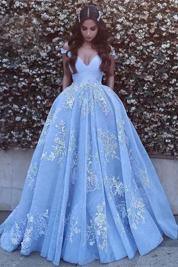 Ovlias Chic Blue Off-the-shoulder Applique Layered Ball Gown Prom Dress LY0546