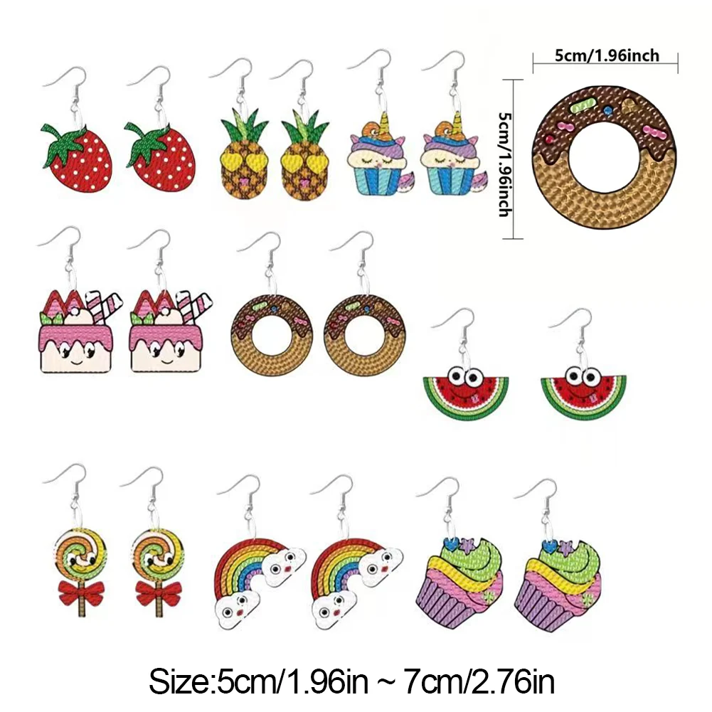 9 Pairs DIY Fruit Cake Candy Rainbow  Double Sided Diamond Painting DIY Earring Making Kit