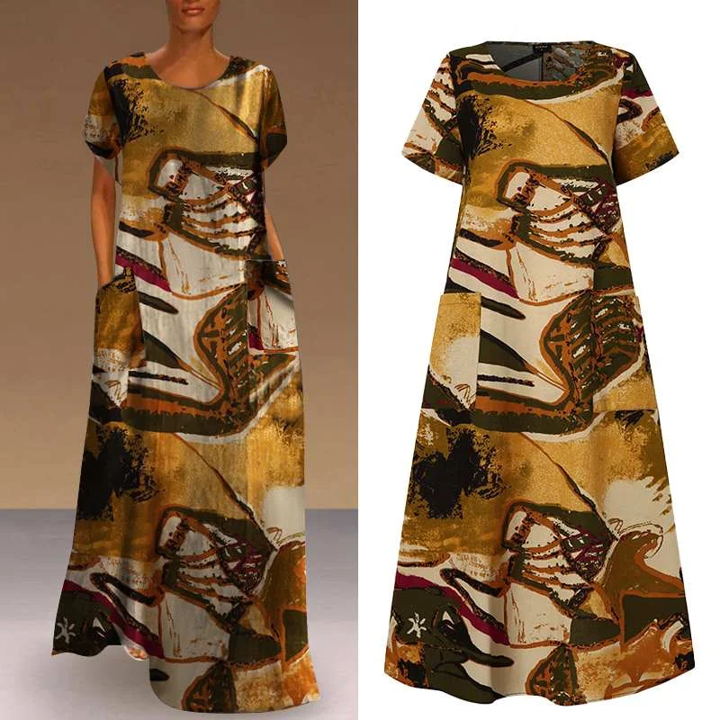 Women Dress Vintage Printed Dress Short Sleeve Robe VONDA Female Casual Bohemian Summer Beach Sundress