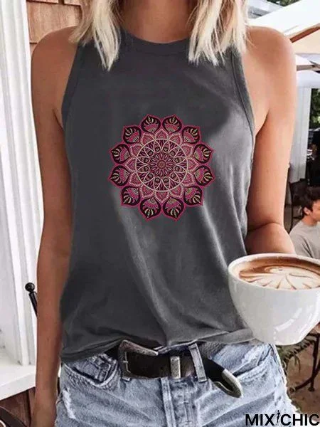 Printed Sleeveless Crew Neck Casual Top