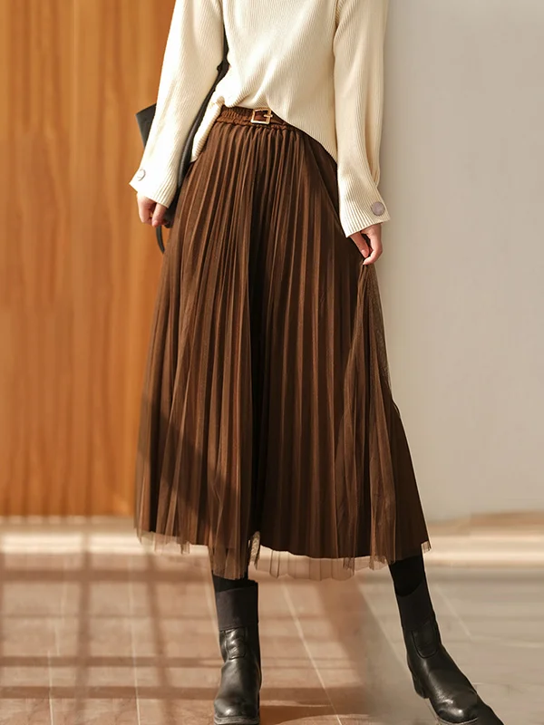 Vintage Elegant Gauze Woolen Pure Color Skirt