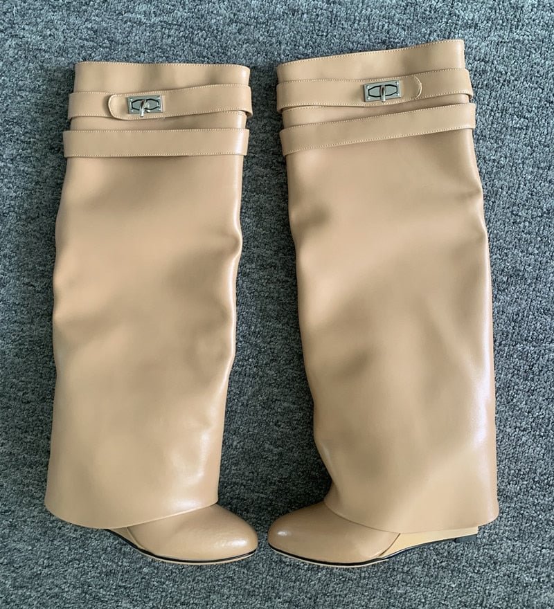 Shark Lock Women Boots Brand Design Genuine Leather Knee High Boots Ladies Pointed Toe Fold High Heel Wedge Shoes Botas Mujer