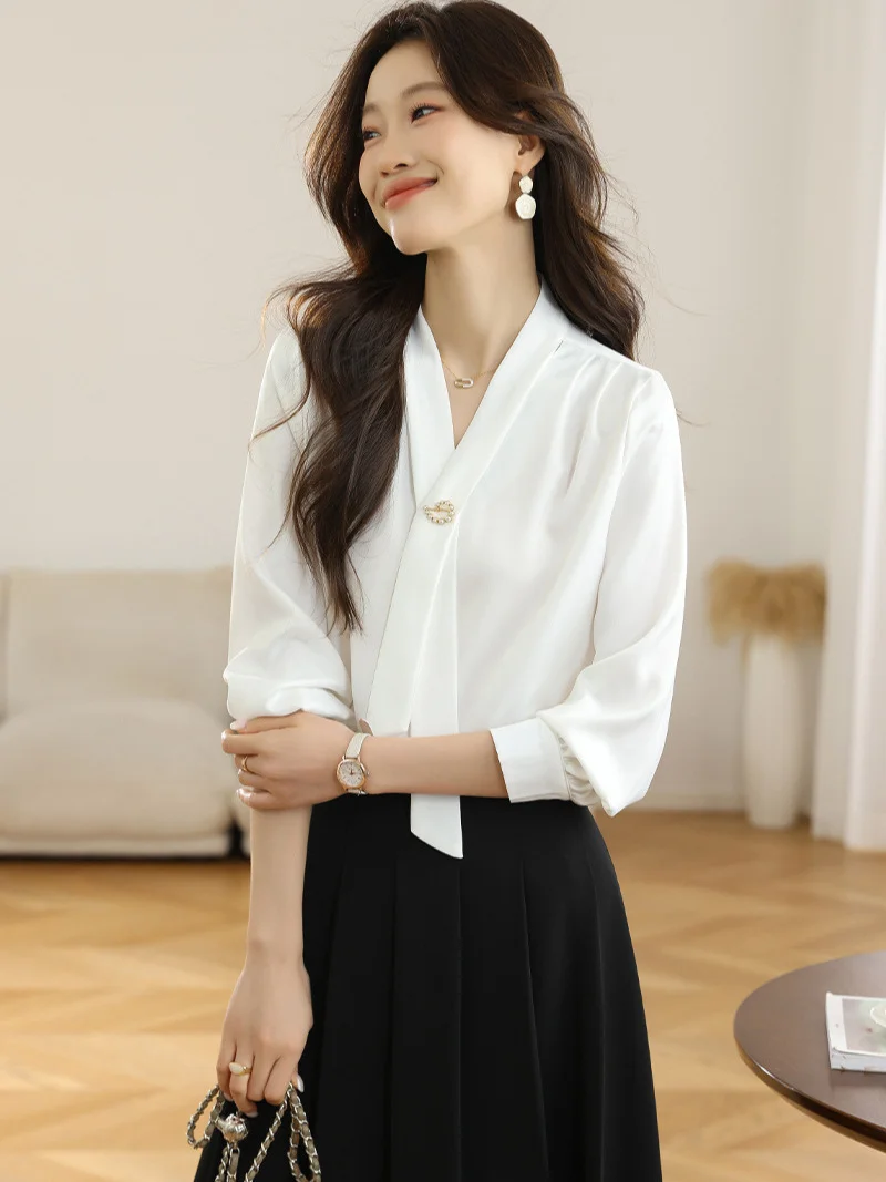 Athvotar Athvotar 2025 New Denatry White Shirt Lady Long Sleeve Spring Commuting Professional Shirt Temperament Ribbon