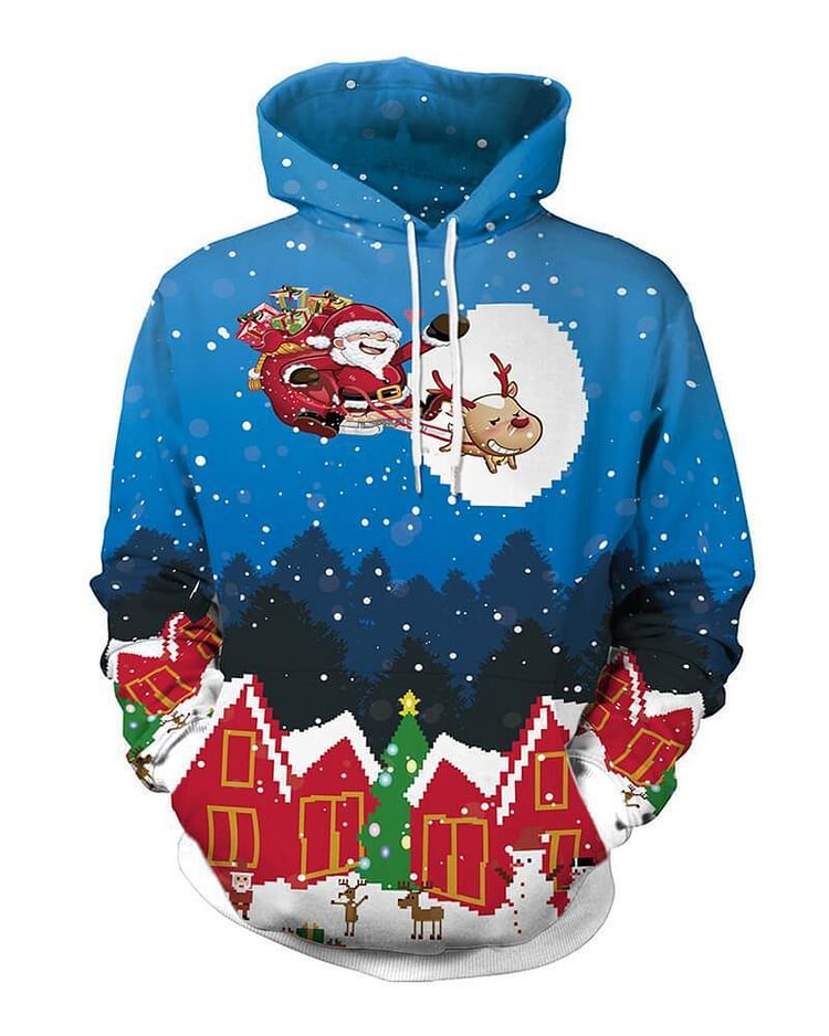 Mayoulove Santa Claus And Gift On Sleigh Christmas Hooded Pullover Unisex Hoodie-Mayoulove
