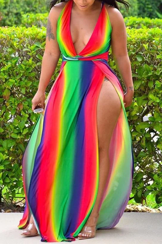 Sexy Rainbow Printing Striped V-neck Dress
