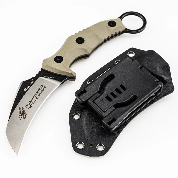 Tyrannosaurus 9cr18Mov 3.54-INCH Tactical Claw Knife Karambit Fixed Blade Knife-Brown G10