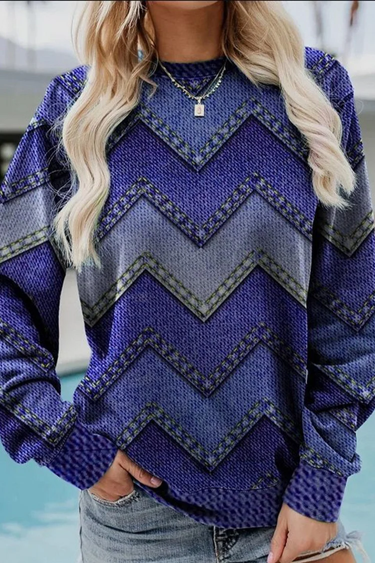 Plus Size Casual Navy Blue Round Neck Pullover Long Sleeve Sweatshirt  Flycurvy [product_label]