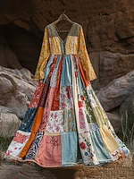 Women's Vintage Bohemian Patch Cotton And Linen Long Sleeve Dress
