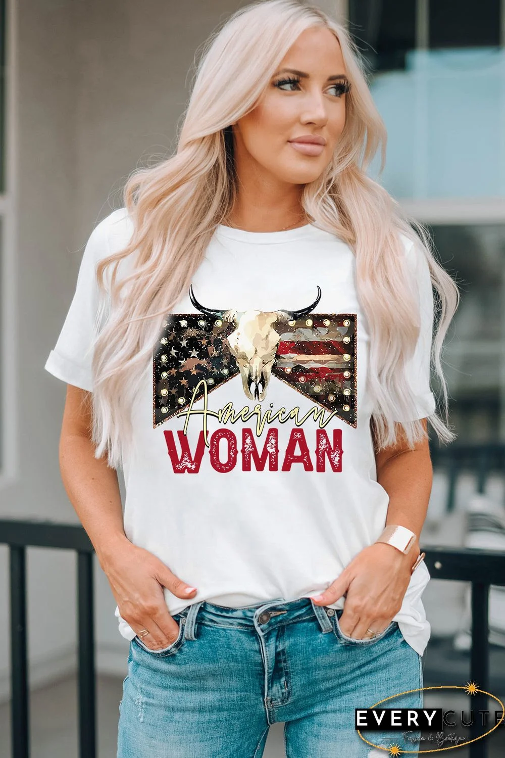 White American Woman Cow Skull Print Graphic T Shirt
