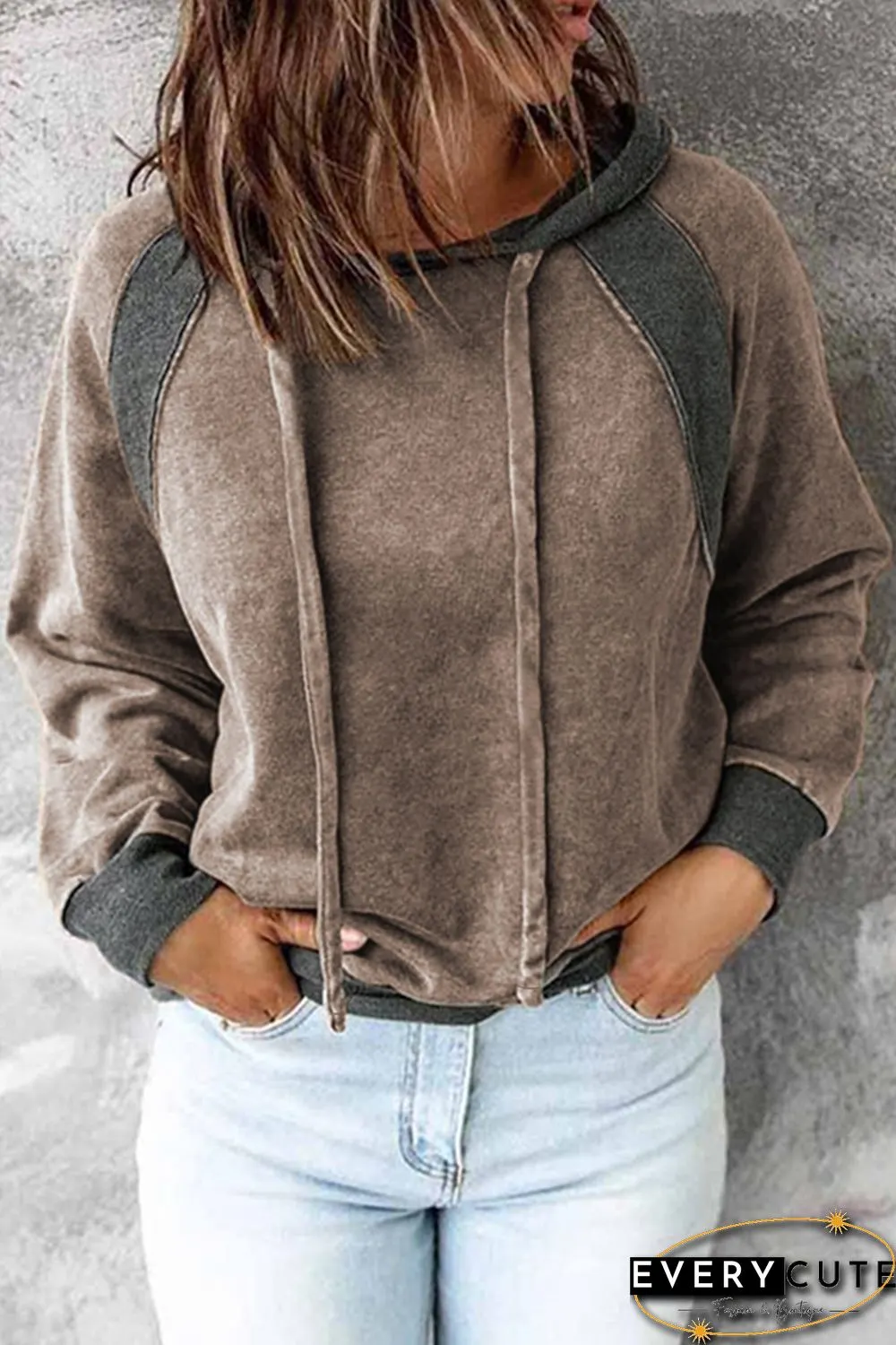 Khaki Casual Patchwork Drawstring Hoodie