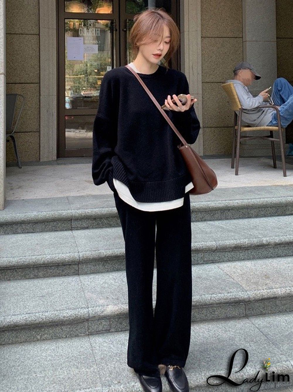 Casual Loose Solid Color Round-Neck Sweater Tops & Wide Leg Pants Suits