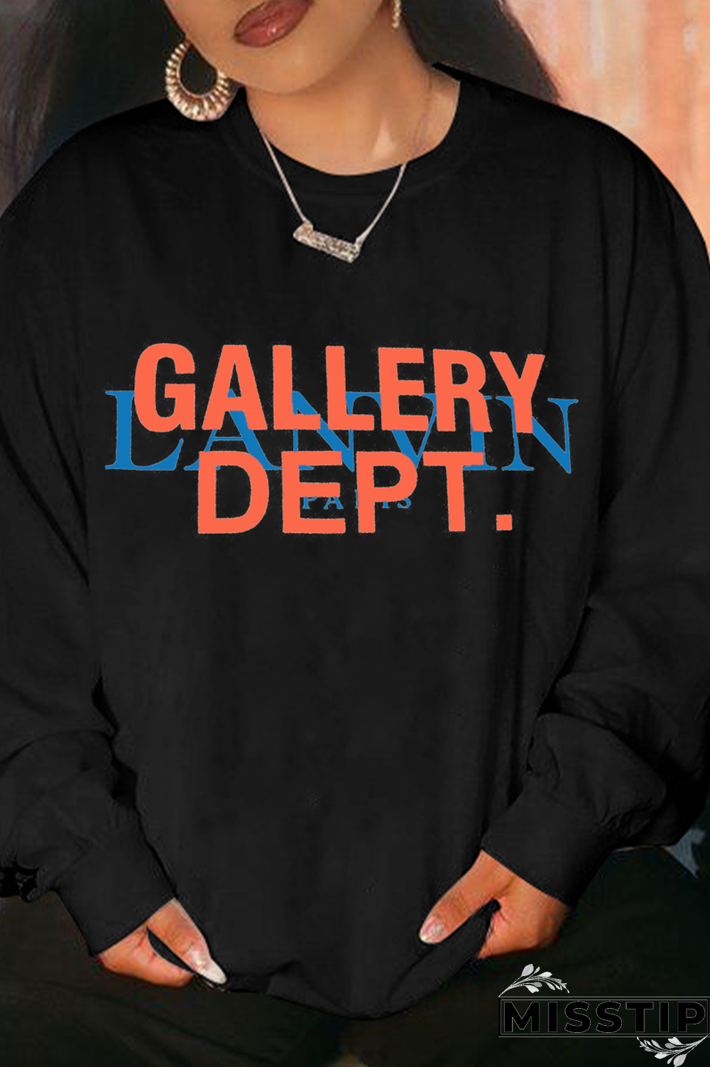 Black Street Print Letter O Neck Tops