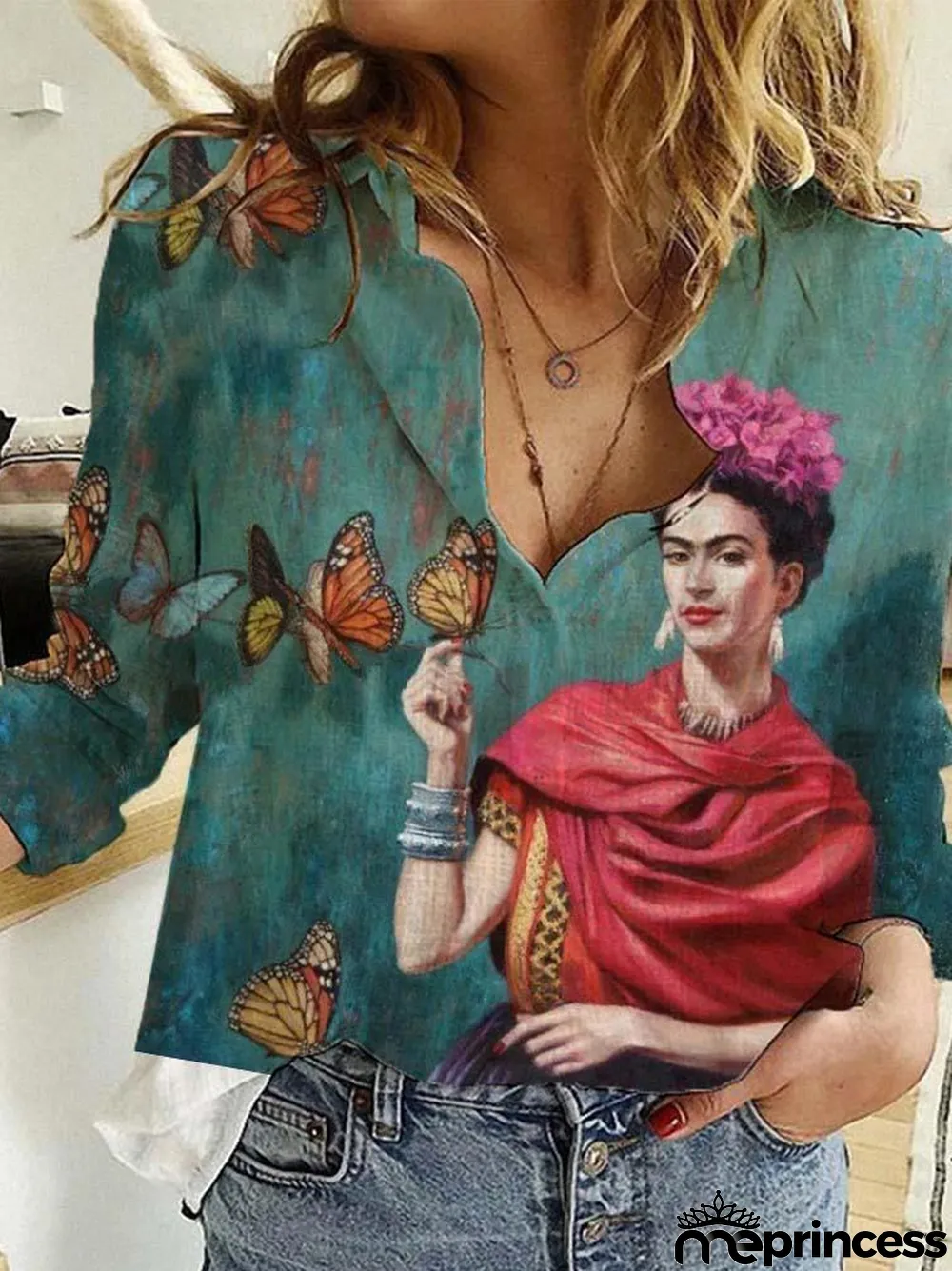 Ladies And Flower Printed Lapel Long Sleeve Shirt