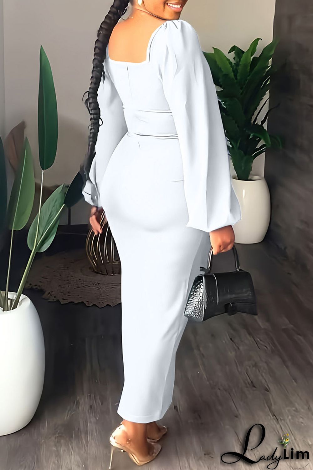 Yellow Fashion Casual Solid Slit Square Collar Long Sleeve Dresses