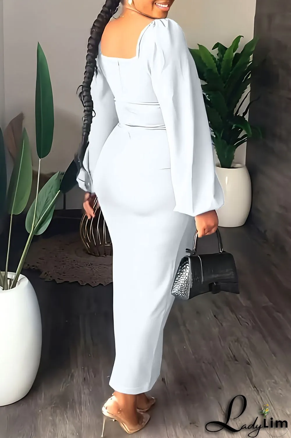 Yellow Fashion Casual Solid Slit Square Collar Long Sleeve Dresses