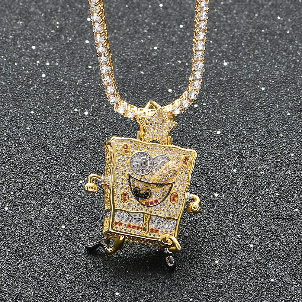 18K Gold Plated Hip Hop Iced Out 5A CZ Spongebob Pendants